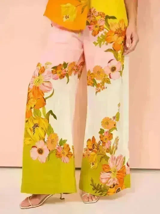 Printed Cotton And Linen Two-piece Suit Outfit Top Wide-leg Pants - EX-STOCK CANADA