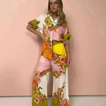 Printed Cotton And Linen Two-piece Suit Outfit Top Wide-leg Pants - EX-STOCK CANADA