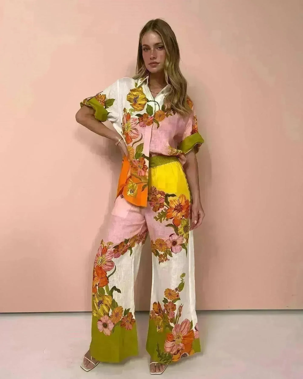 Printed Cotton And Linen Two-piece Suit Outfit Top Wide-leg Pants - EX-STOCK CANADA