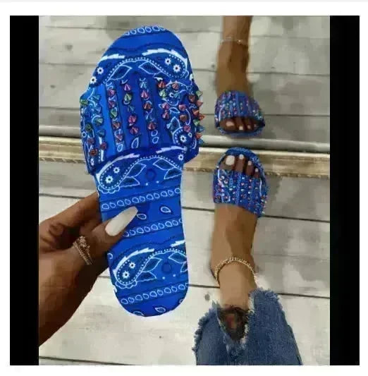 Printed Toe Flat Rivet Casual Slippers - EX-STOCK CANADA