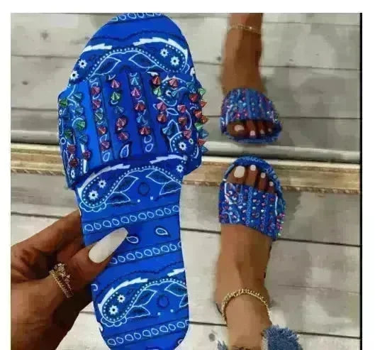 Printed Toe Flat Rivet Casual Slippers - EX-STOCK CANADA