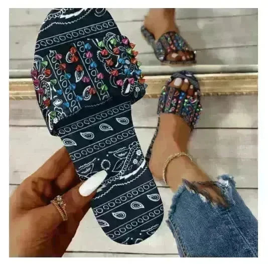 Printed Toe Flat Rivet Casual Slippers - EX-STOCK CANADA