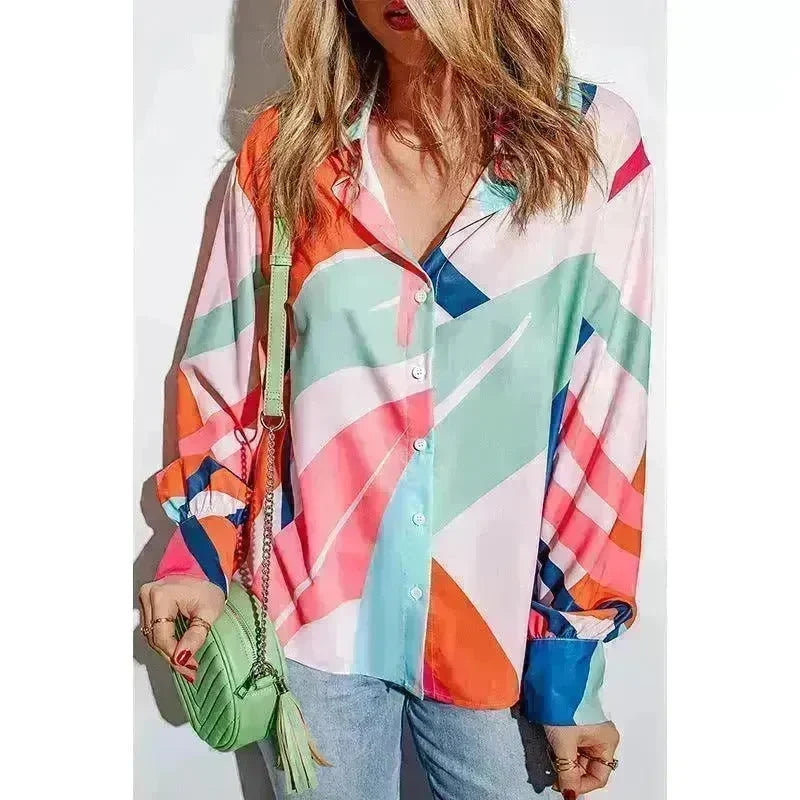 Printing Color Contrast Thin Long-sleeved Top For Women - EX-STOCK CANADA