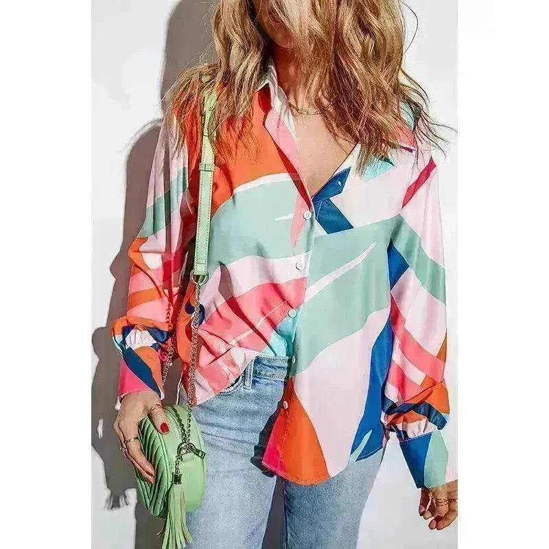 Printing Color Contrast Thin Long-sleeved Top For Women - EX-STOCK CANADA