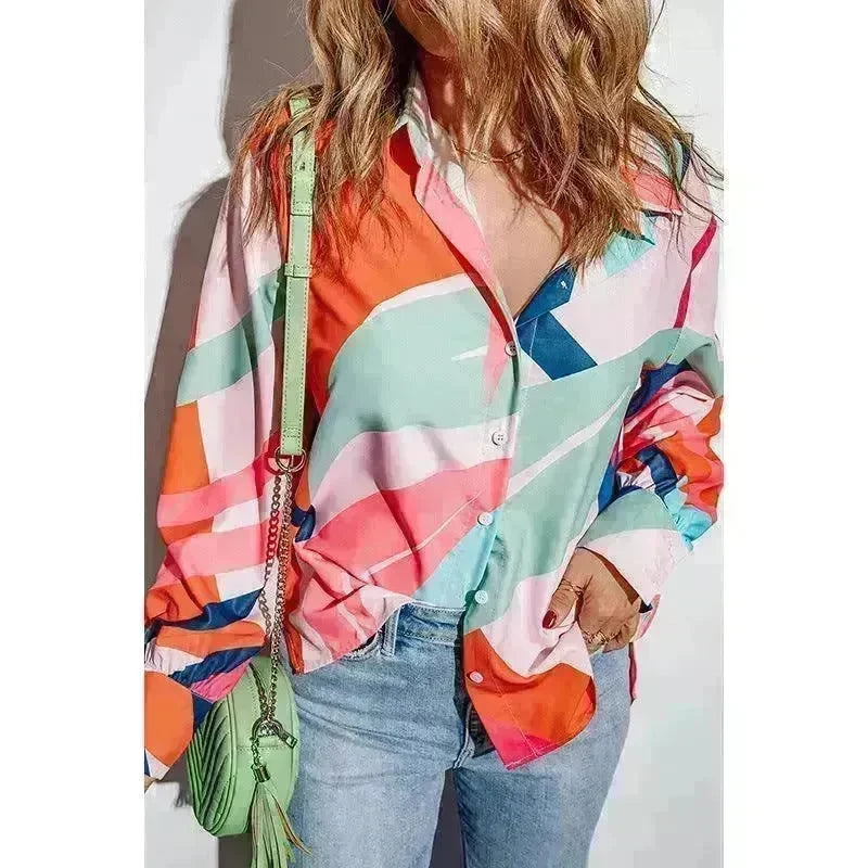 Printing Color Contrast Thin Long-sleeved Top For Women - EX-STOCK CANADA