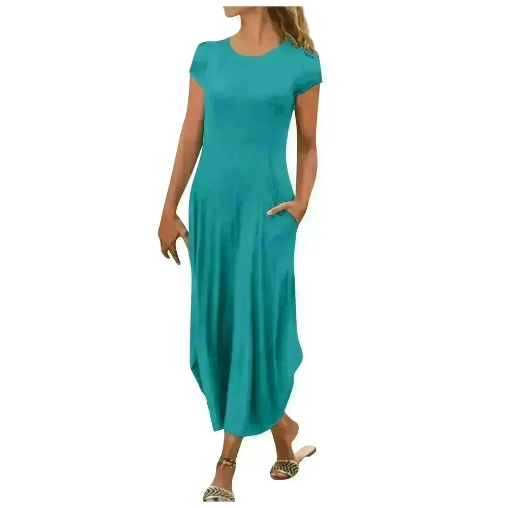 Pullover Short Sleeve Round Neck Mid Waist Solid Color Dress - EX-STOCK CANADA