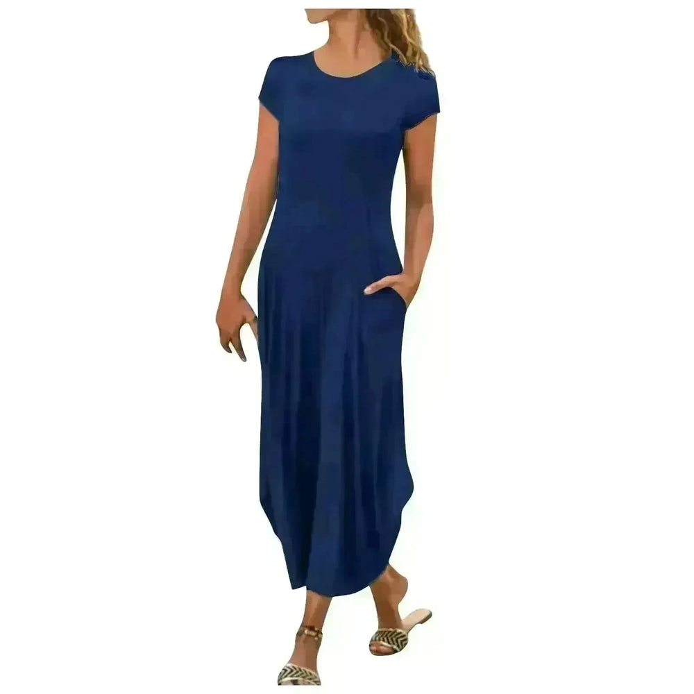 Pullover Short Sleeve Round Neck Mid Waist Solid Color Dress - EX-STOCK CANADA