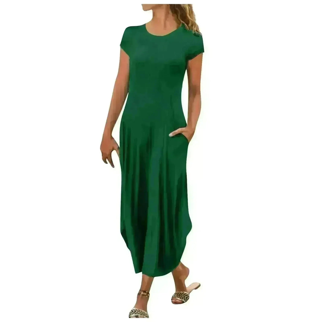Pullover Short Sleeve Round Neck Mid Waist Solid Color Dress - EX-STOCK CANADA