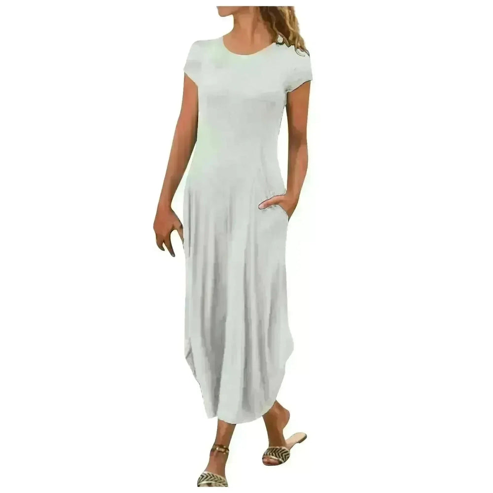 Pullover Short Sleeve Round Neck Mid Waist Solid Color Dress - EX-STOCK CANADA