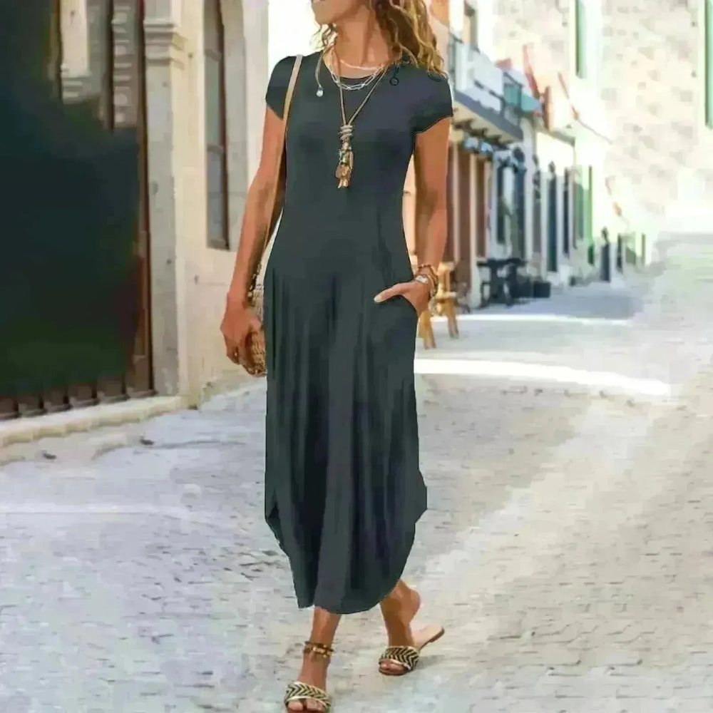 Pullover Short Sleeve Round Neck Mid Waist Solid Color Dress - EX-STOCK CANADA