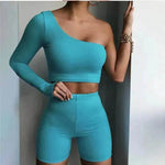 Pure Color Charming One-shoulder Sports Yoga Two-piece Fashion Suit Fitness Workout Gym wear for Women - EX-STOCK Canada