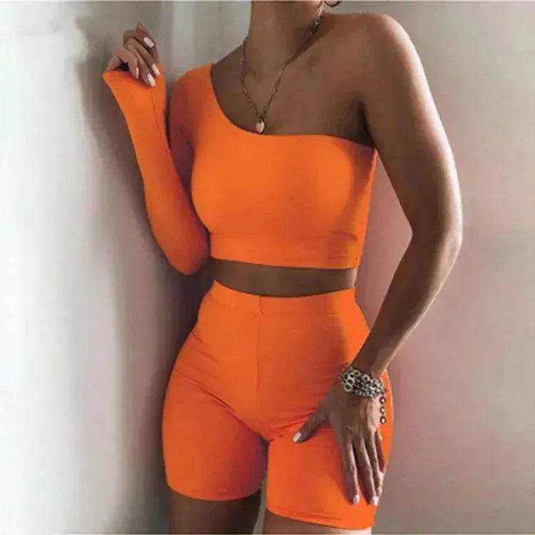 Pure Color Charming One-shoulder Sports Yoga Two-piece Fashion Suit Fitness Workout Gym wear for Women - EX-STOCK Canada