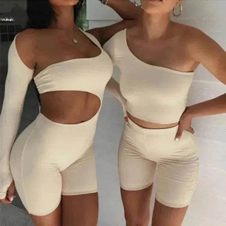 Pure Color Charming One-shoulder Sports Yoga Two-piece Fashion Suit Fitness Workout Gym wear for Women - EX-STOCK Canada