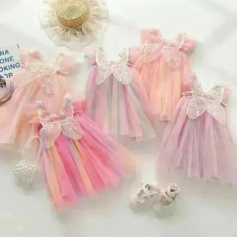 Rainbow Butterfly Wings Mesh Girl Dress - EX-STOCK CANADA