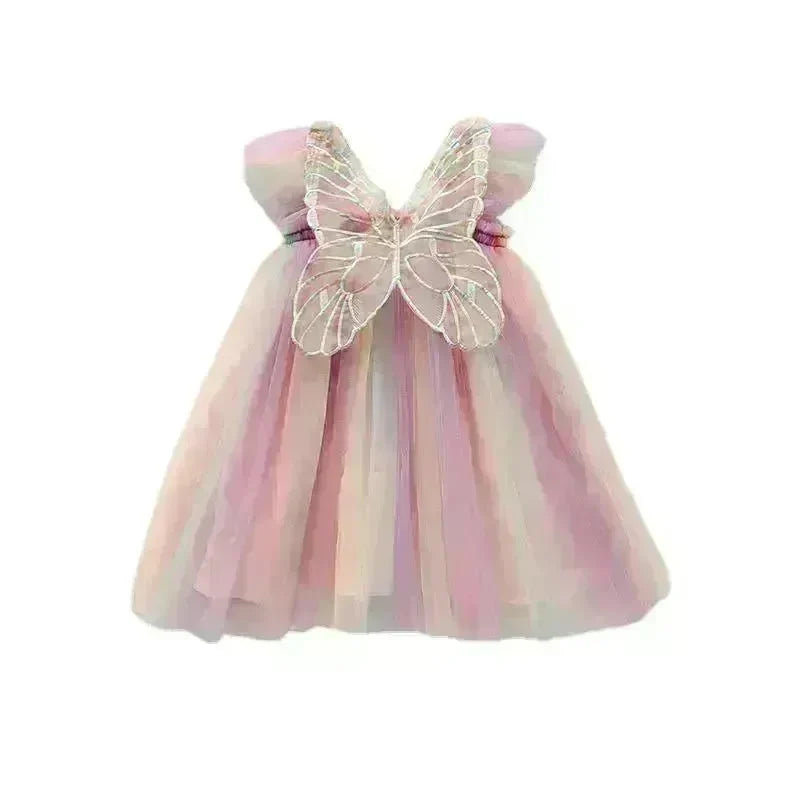 Rainbow Butterfly Wings Mesh Girl Dress - EX-STOCK CANADA