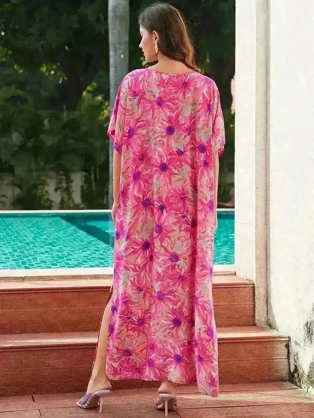 Rayon Rose Red Embroidered Beach Dress Outer Wear - EX-STOCK CANADA