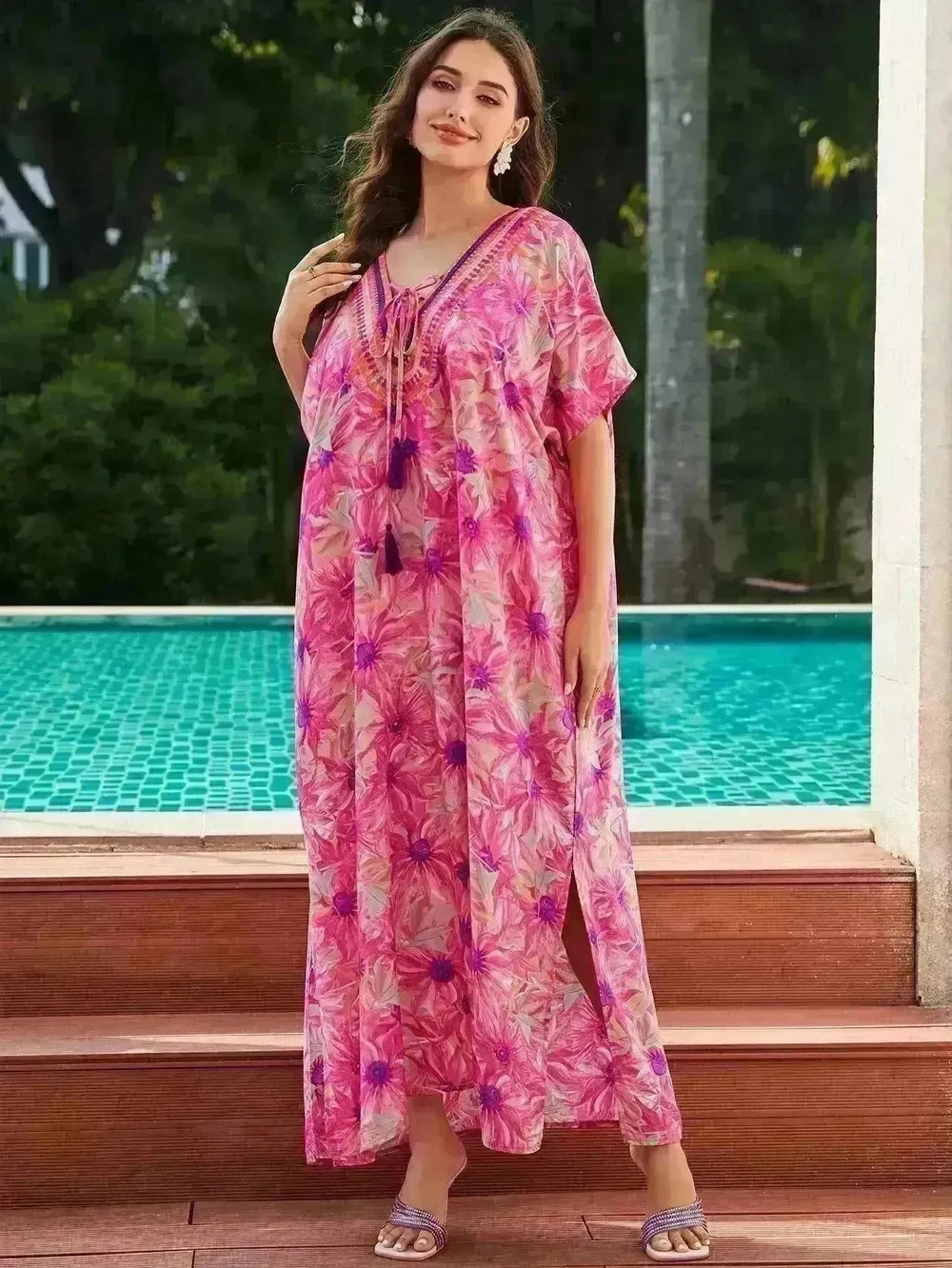 Rayon Rose Red Embroidered Beach Dress Outer Wear - EX-STOCK CANADA
