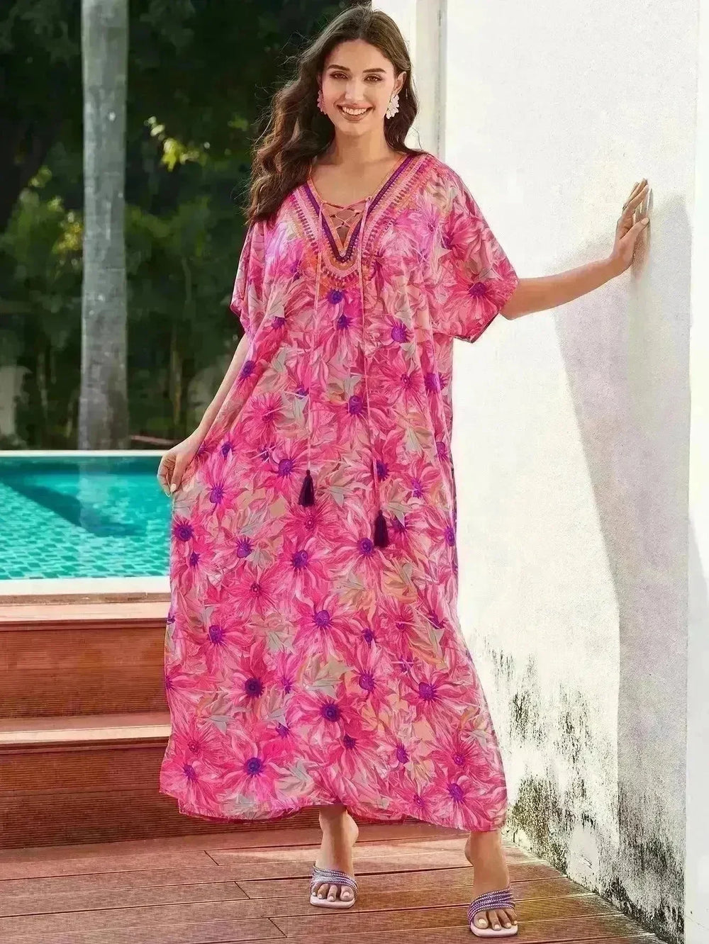 Rayon Rose Red Embroidered Beach Dress Outer Wear - EX-STOCK CANADA