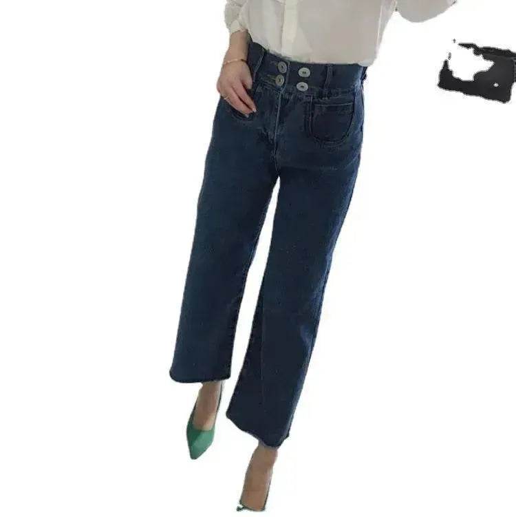 Retro High Waist Wash Double Breasted Pocket Loose Slimming And Wide Leg Denim Trousers For Women - EX-STOCK Canada