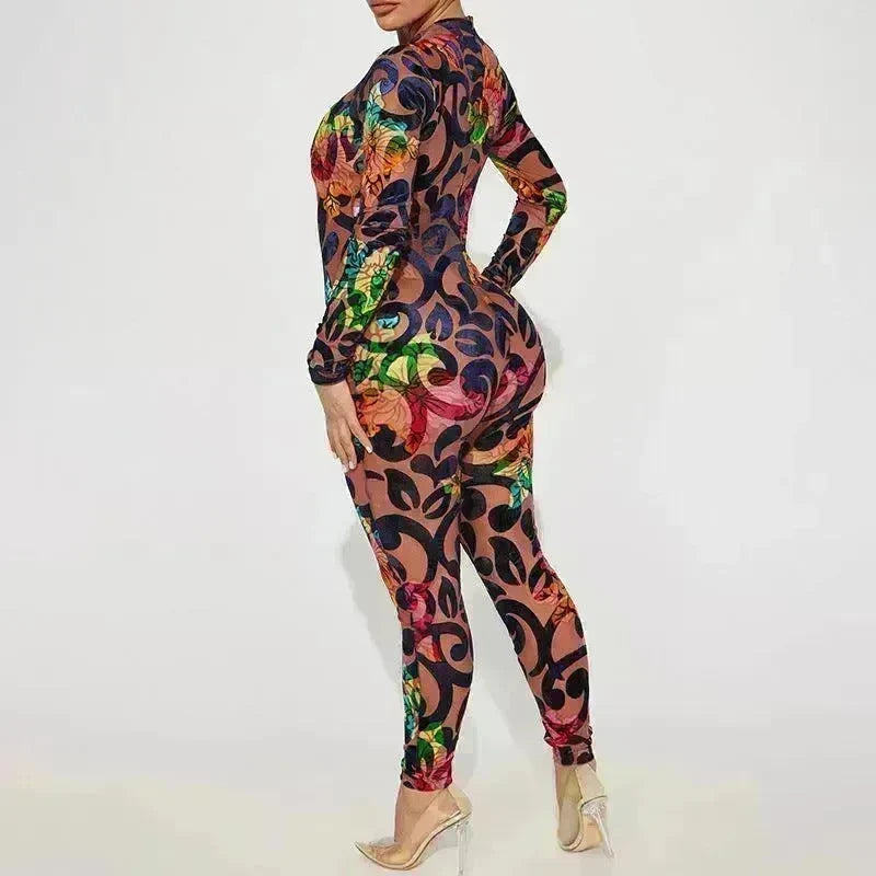 Retro Printed High Elastic Skinny Mesh Jumpsuit - EX-STOCK CANADA