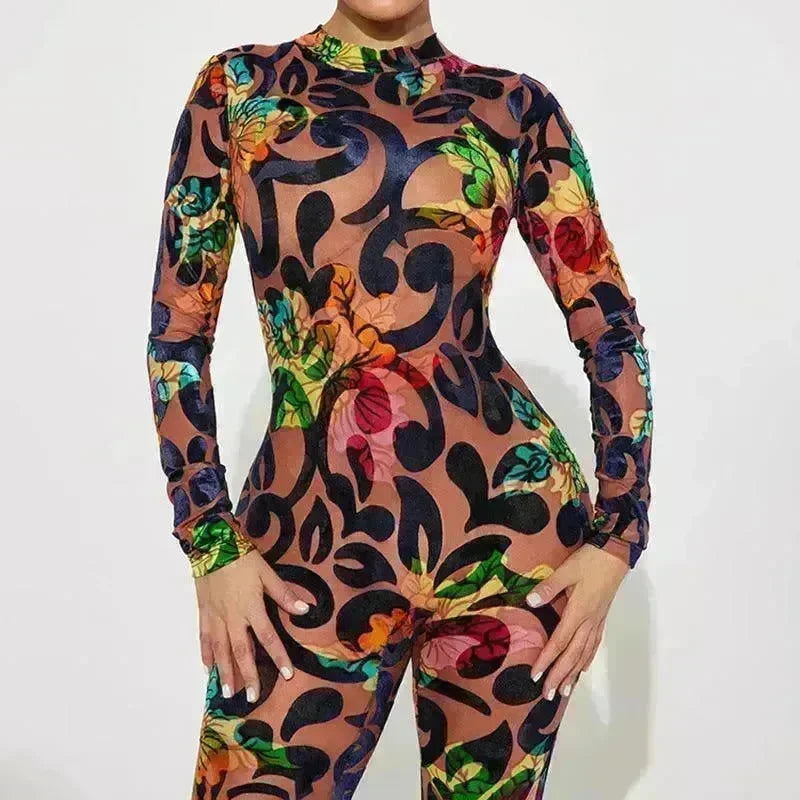 Retro Printed High Elastic Skinny Mesh Jumpsuit - EX-STOCK CANADA
