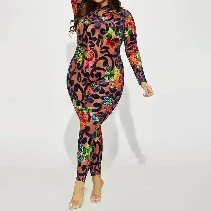 Retro Printed High Elastic Skinny Mesh Jumpsuit - EX-STOCK CANADA