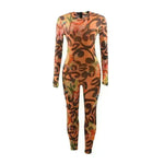 Retro Printed High Elastic Skinny Mesh Jumpsuit - EX-STOCK CANADA