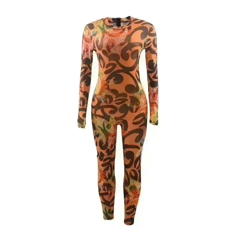 Retro Printed High Elastic Skinny Mesh Jumpsuit - EX-STOCK CANADA