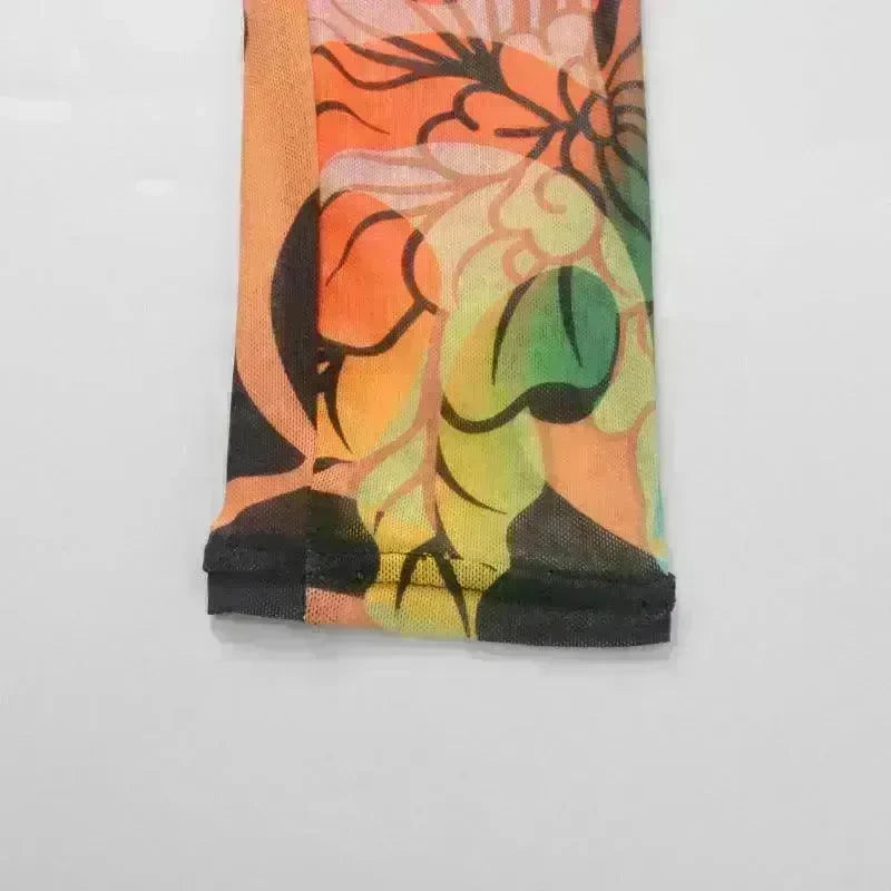 Retro Printed High Elastic Skinny Mesh Jumpsuit - EX-STOCK CANADA