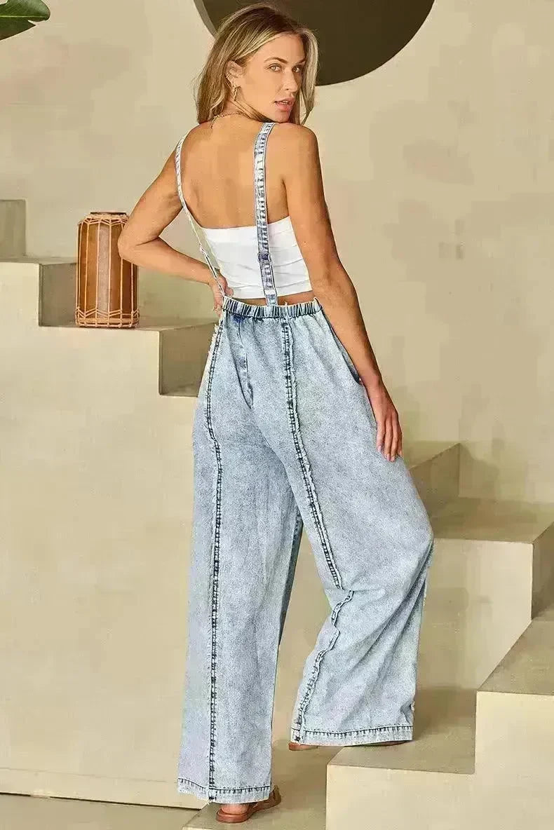Retro Washed Raw Hem Wide Legs Jumpsuit For Women - EX-STOCK CANADA