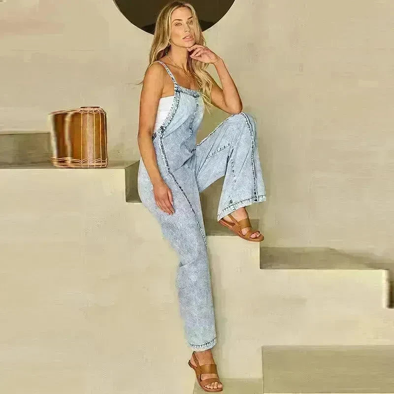 Retro Washed Raw Hem Wide Legs Jumpsuit For Women - EX-STOCK CANADA