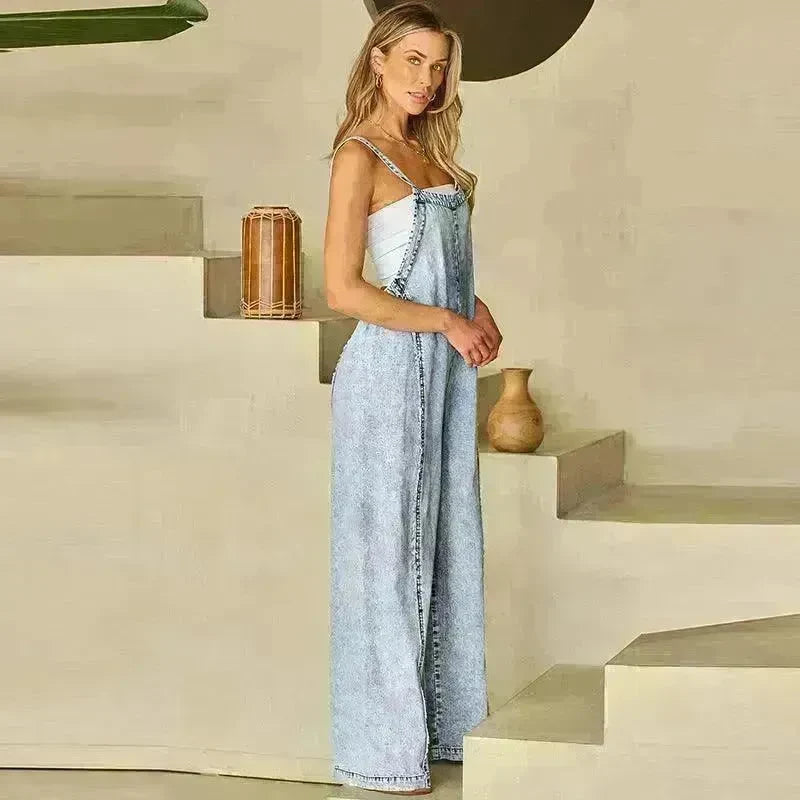 Retro Washed Raw Hem Wide Legs Jumpsuit For Women - EX-STOCK CANADA