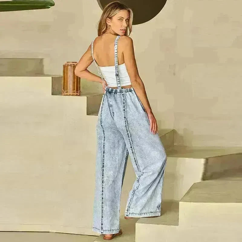 Retro Washed Raw Hem Wide Legs Jumpsuit For Women - EX-STOCK CANADA