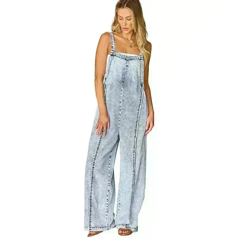 Retro Washed Raw Hem Wide Legs Jumpsuit For Women - EX-STOCK CANADA
