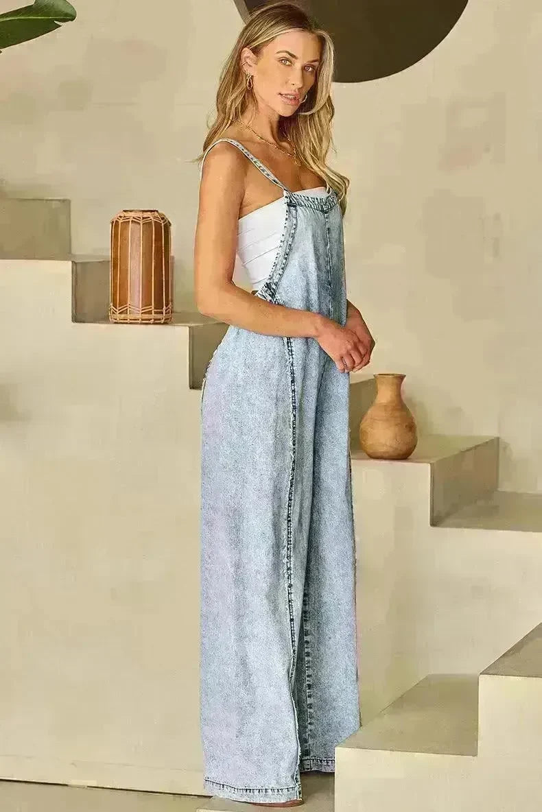 Retro Washed Raw Hem Wide Legs Jumpsuit For Women - EX-STOCK CANADA