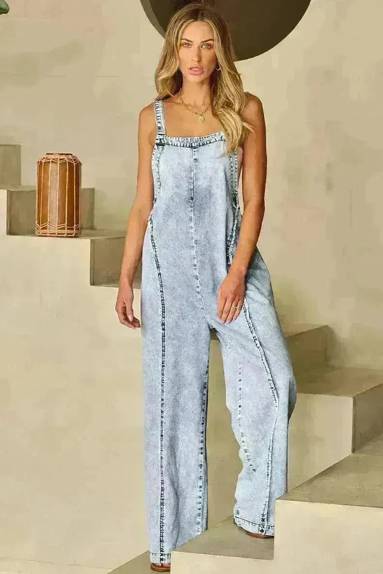 Retro Washed Raw Hem Wide Legs Jumpsuit For Women - EX-STOCK CANADA