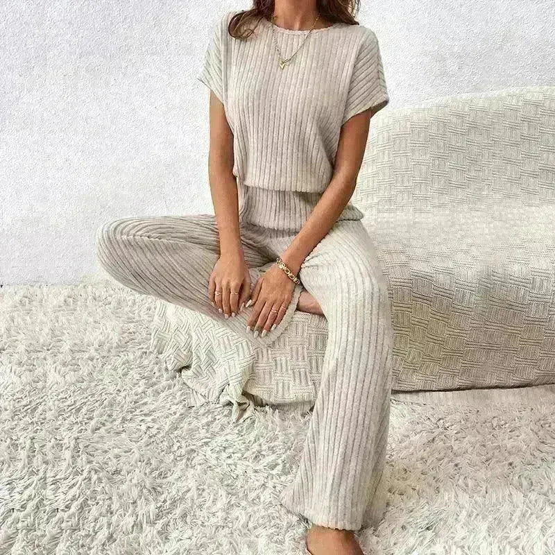 Round Neck Solid Color Fashion Knitted Top And Trousers Two-piece Set - EX-STOCK CANADA