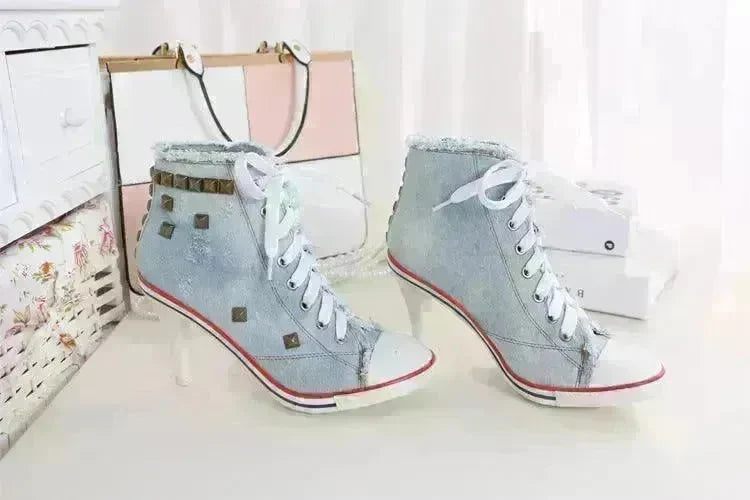 Round Toe Women's Shoes Denim High Heels - EX-STOCK CANADA