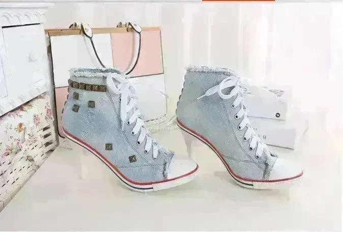 Round Toe Women's Shoes Denim High Heels - EX-STOCK CANADA