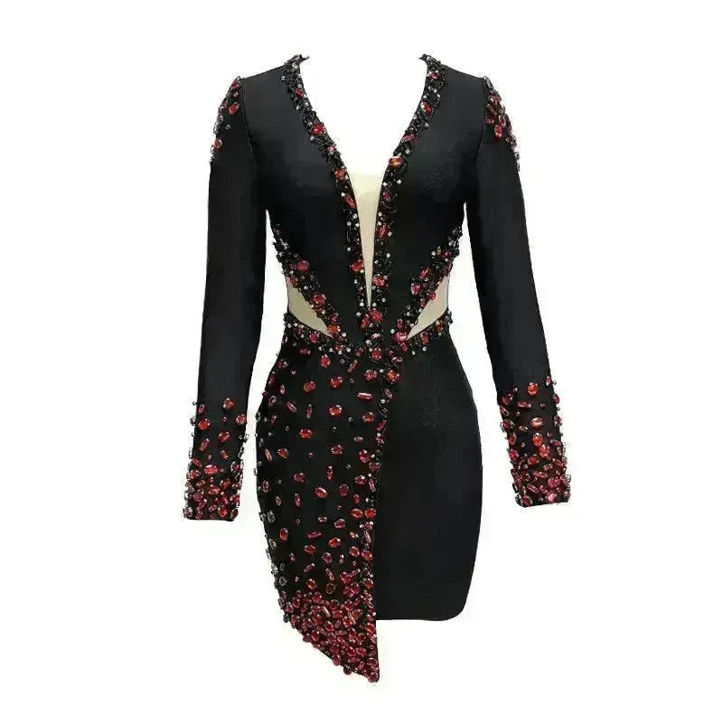 Ruby Beaded Low-cut See-through Dress - EX-STOCK CANADA