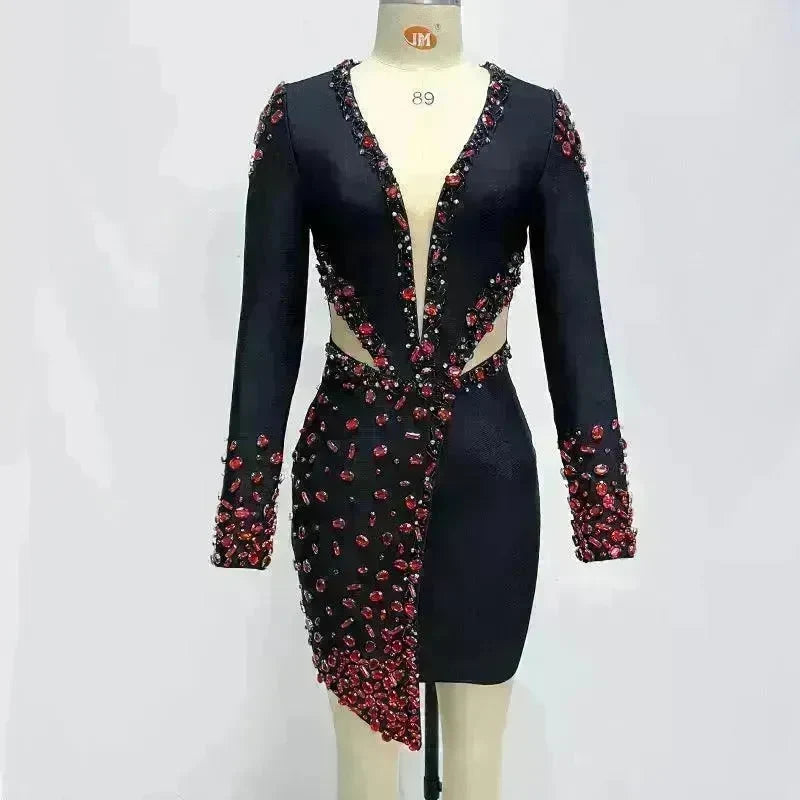 Ruby Beaded Low-cut See-through Dress - EX-STOCK CANADA