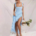 Ruffle Thigh High Split Dress Women Charming Spaghetti Strap Square Neck Backless Suspender Dresses For Evening Party Clothing - EX-STOCK Canada