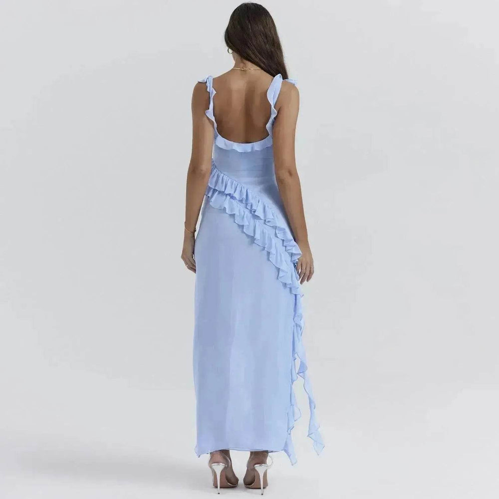 Ruffle Thigh High Split Dress Women Charming Spaghetti Strap Square Neck Backless Suspender Dresses For Evening Party Clothing - EX-STOCK Canada