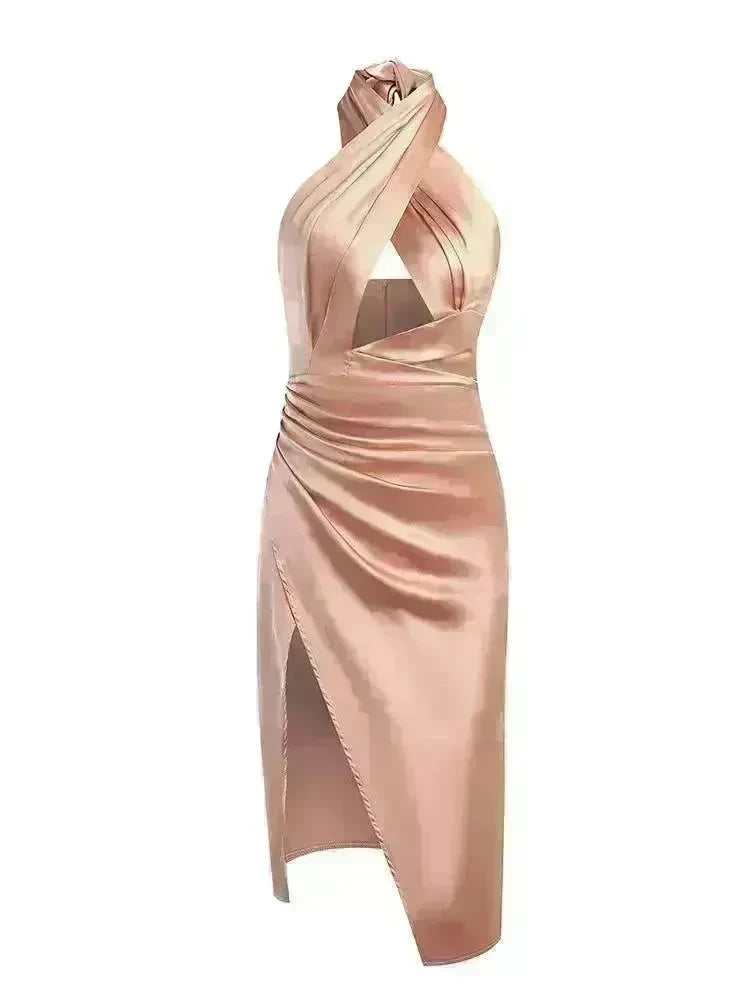 Satin Halter Cross Backless Split Dress - EX-STOCK CANADA