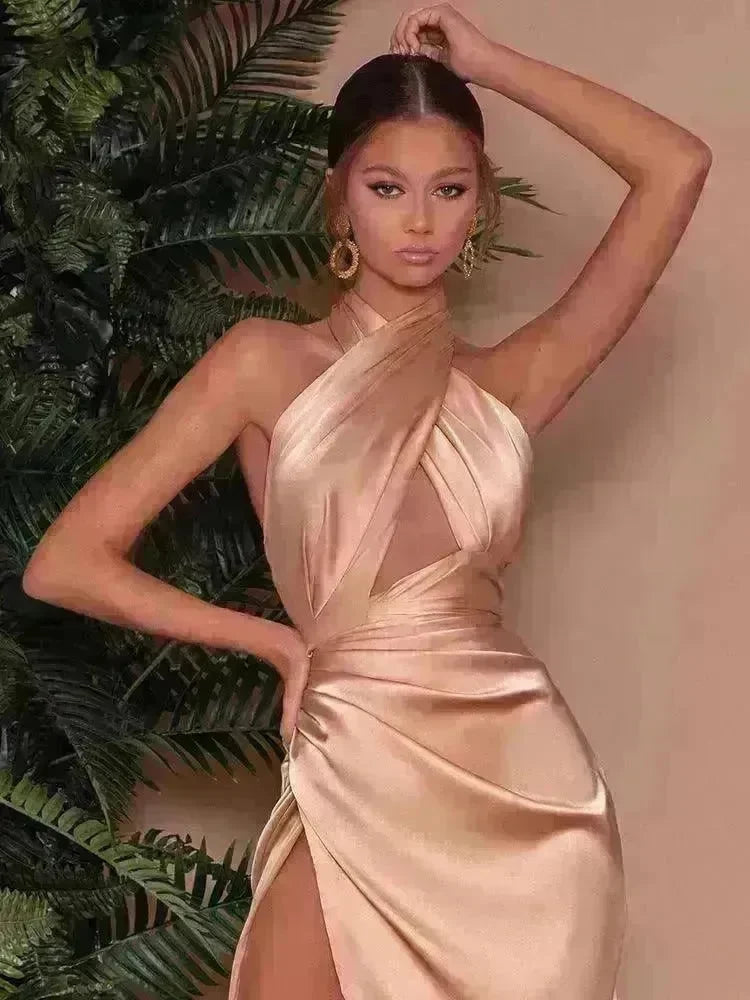 Satin Halter Cross Backless Split Dress - EX-STOCK CANADA