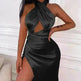 Satin Halter Cross Backless Split Dress - EX-STOCK CANADA