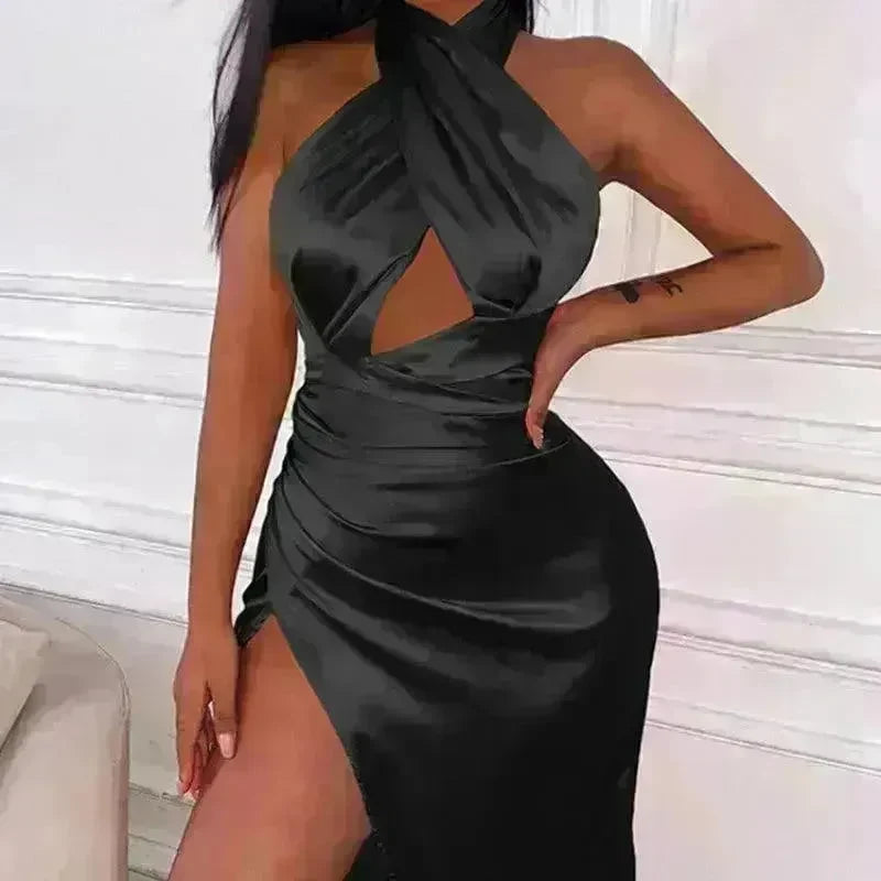 Satin Halter Cross Backless Split Dress - EX-STOCK CANADA