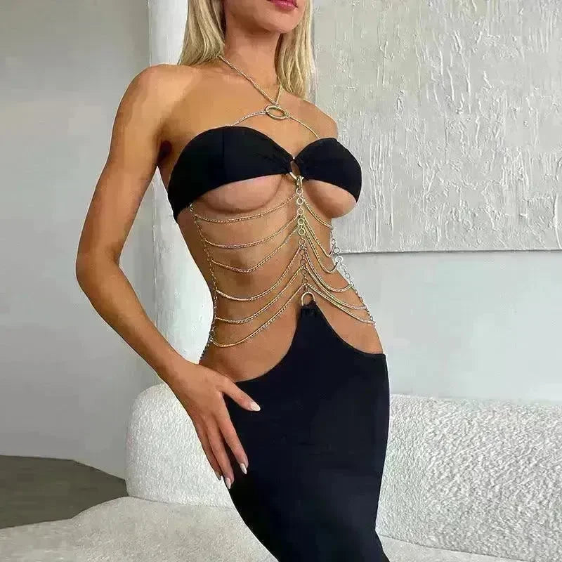 Sexy Fashion Personality Halter Neck Wrap Chest Cutout Party Long Black Dress for Women - EX-STOCK CANADA