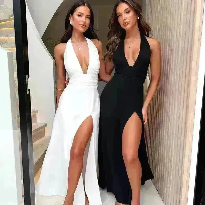 Sexy Halterneck V-neck Slit Dress Summer Backless Strappy Skirt Fashion Temperament Clothing Women - EX-STOCK CANADA