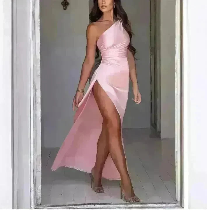 Sexy One-shoulder Backless Split Dress Summer Elegant Slim-fit Solid Color Satin Dresses For Women - EX-STOCK CANADA